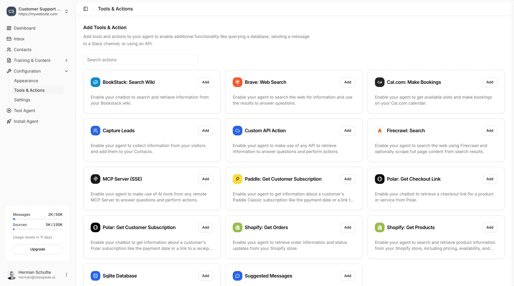 SiteSpeak Tools and Actions screen with ready-made actions for BookStack search, Cal.com bookings, Shopify orders, Paddle and Polar subscriptions, MCP servers and custom API calls, as taken from the SiteSpeak docs