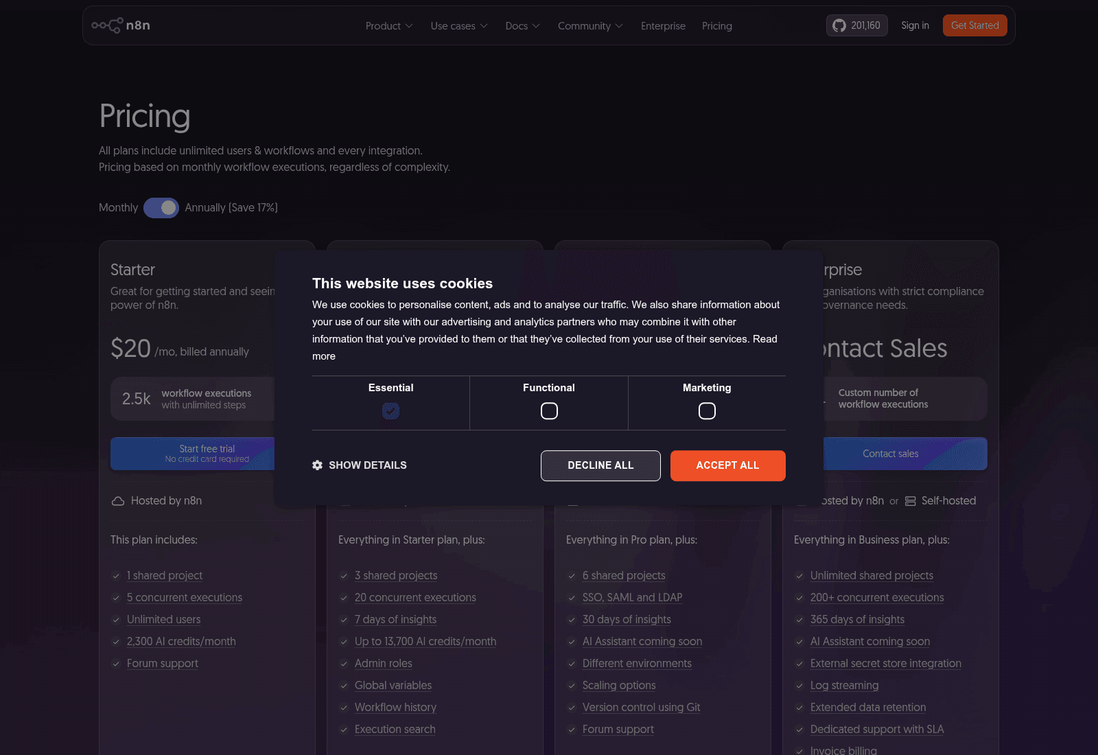 The n8n pricing page showing Starter, Pro, Business and Enterprise plans, as taken from n8n