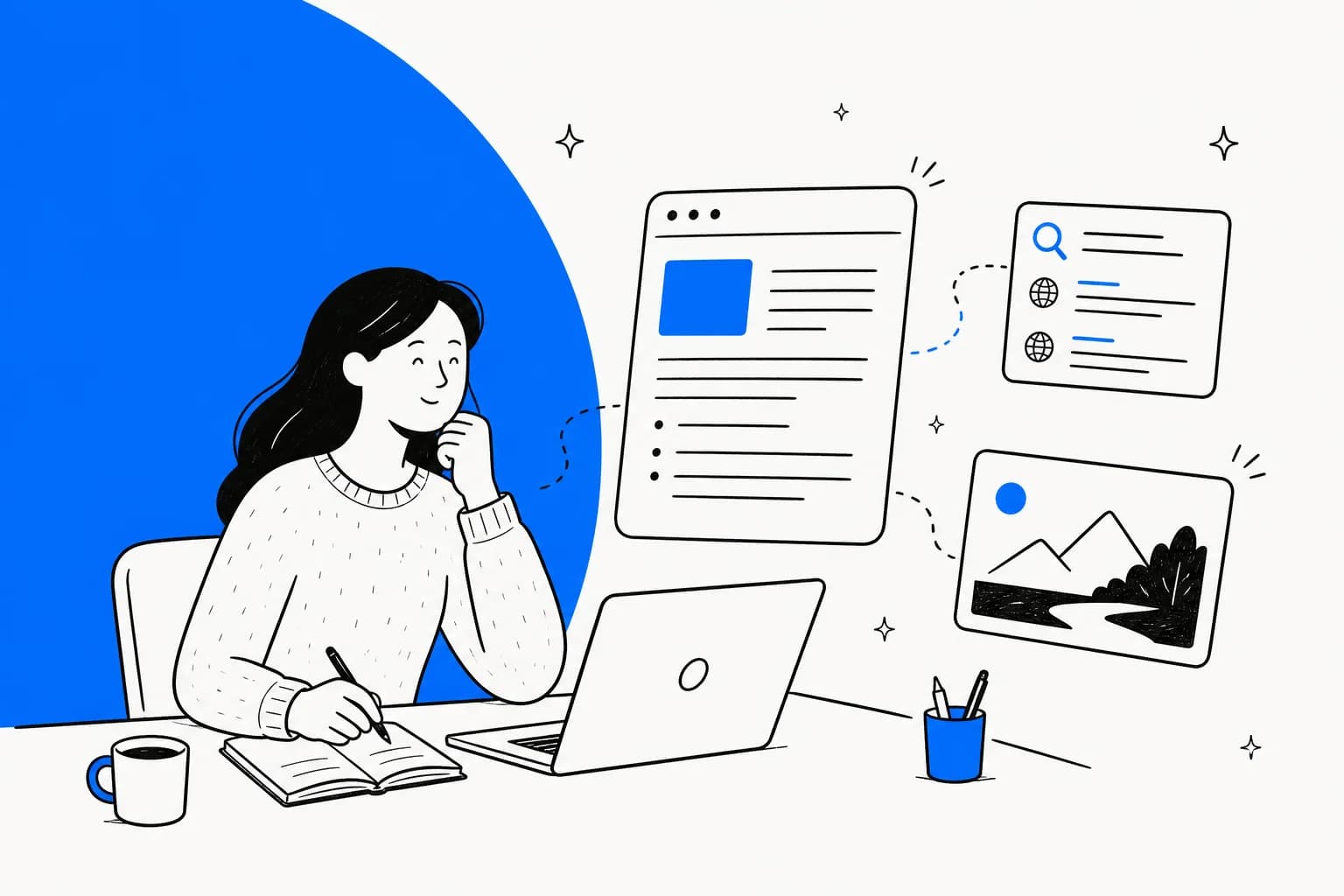 Hand-drawn illustration of a writer at a desk with a laptop, surrounded by a floating blog draft, a web search results card and a generated image card