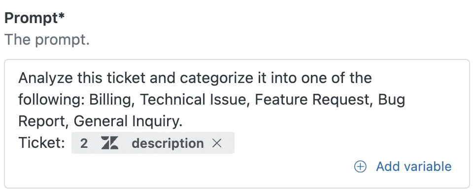Send prompt step for Zendesk's built-in OpenAI connector in the action builder, as shown in Zendesk's help center