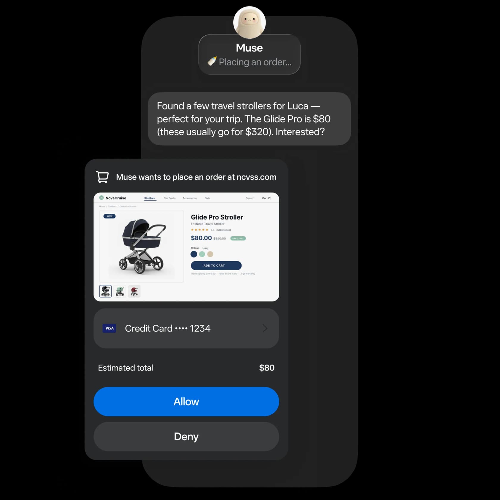 A Muse approval prompt that holds an order until you tap Allow or Deny, the same gate that sits in front of write actions, as taken from muse.ai