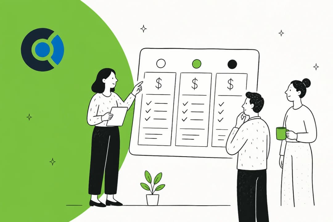 Illustration of a team reviewing a three-tier pricing board, in Custify green