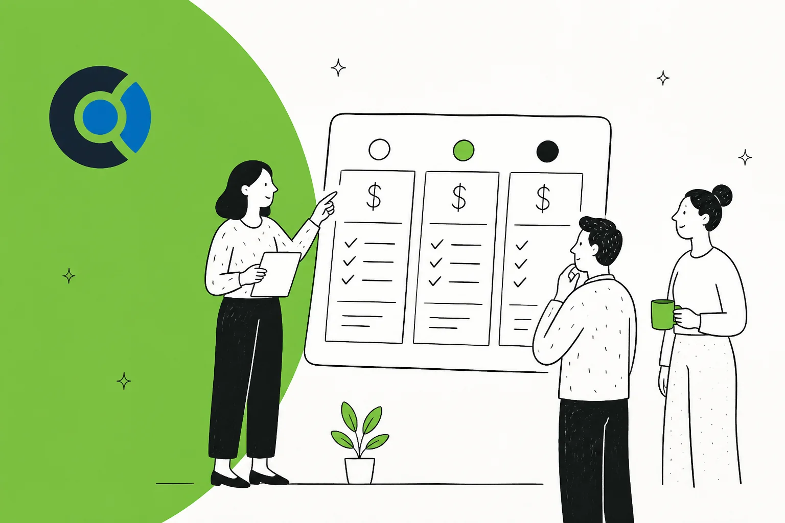Illustration of a team reviewing a three-tier pricing board, in Custify green