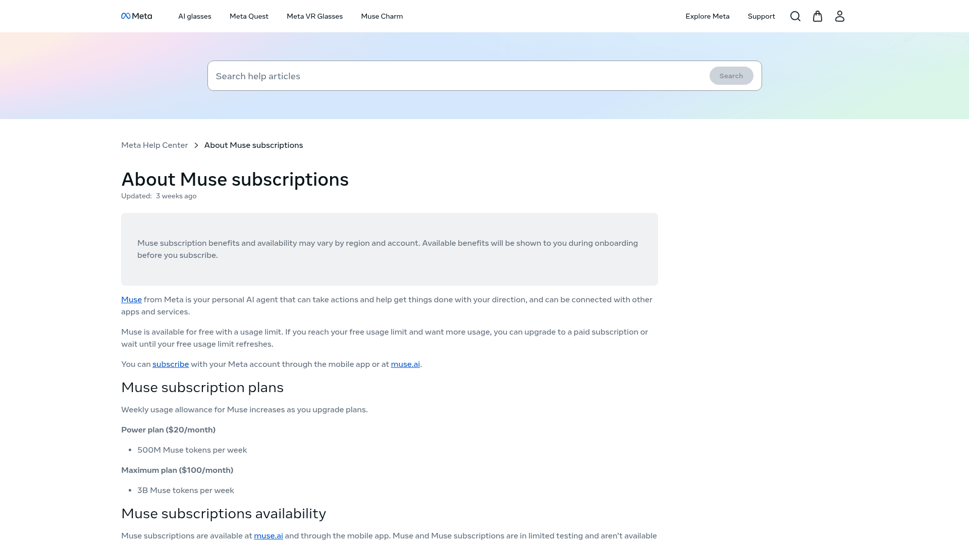 Meta's About Muse subscriptions help page listing the Power plan at $20 a month with 500M Muse tokens per week and the Maximum plan at $100 a month with 3B tokens per week, as taken from Meta Help Center
