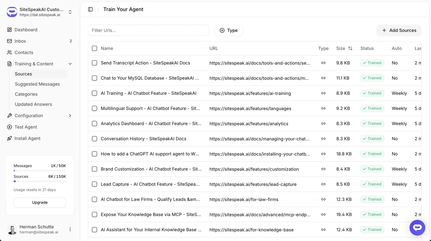 SiteSpeak training sources screen listing crawled pages with their type, size, trained status and auto-sync setting, as taken from SiteSpeak's G2 listing