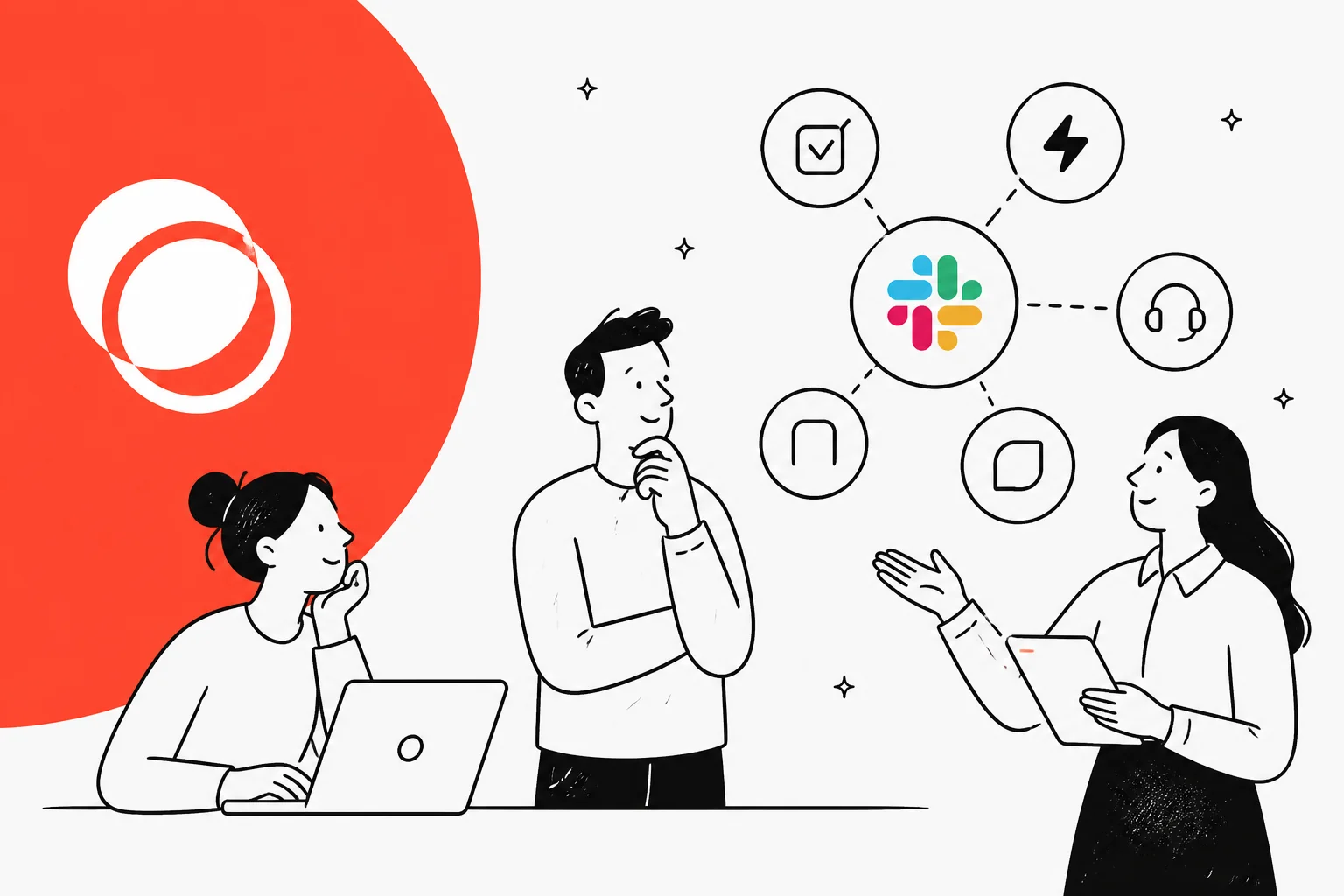 Hand-drawn illustration of a support team weighing Slack-native helpdesk options