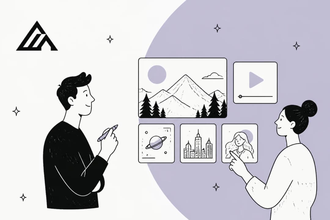 Illustration of a reviewer comparing image and video generation panels, representing FLUX 3 alternatives