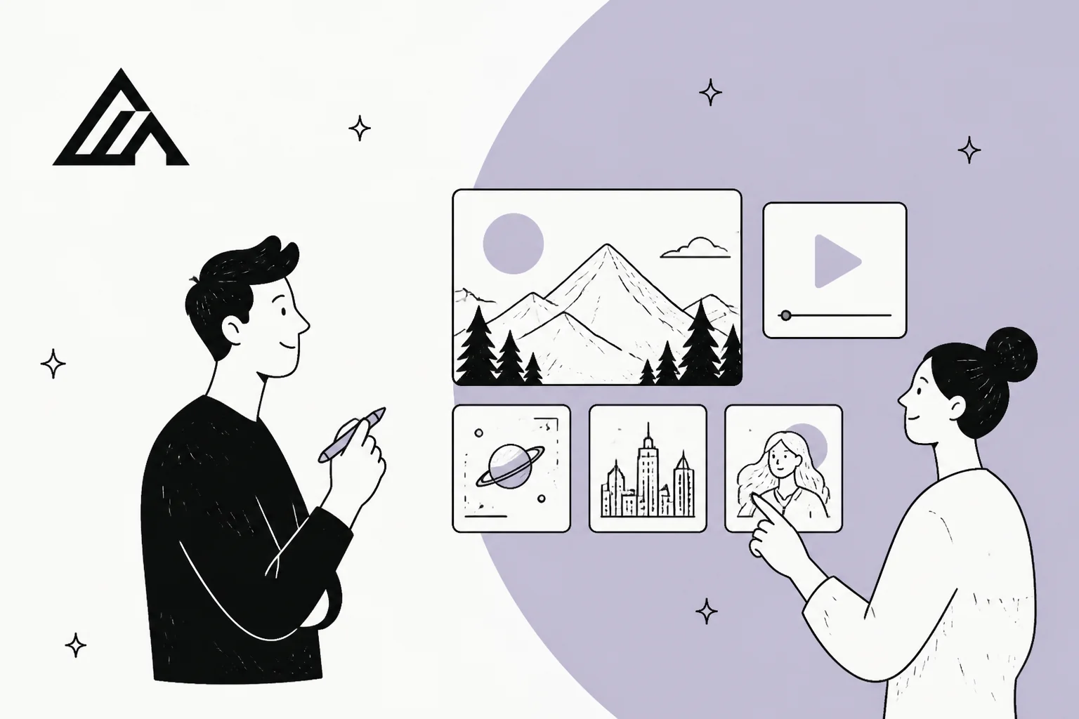 Illustration of a reviewer comparing image and video generation panels, representing FLUX 3 alternatives