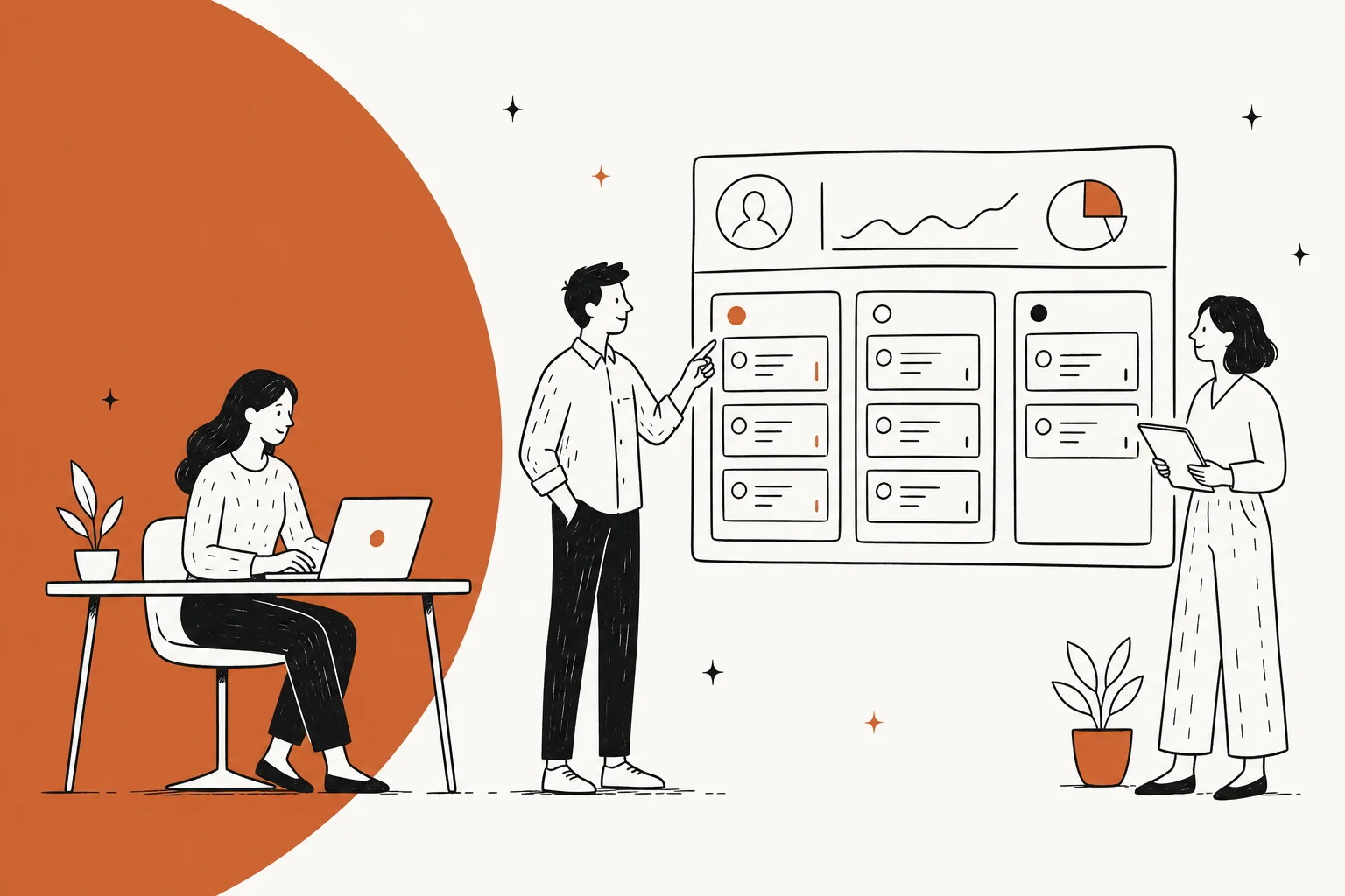 Illustration of a support team dashboard with ticket queues, in warm amber tones