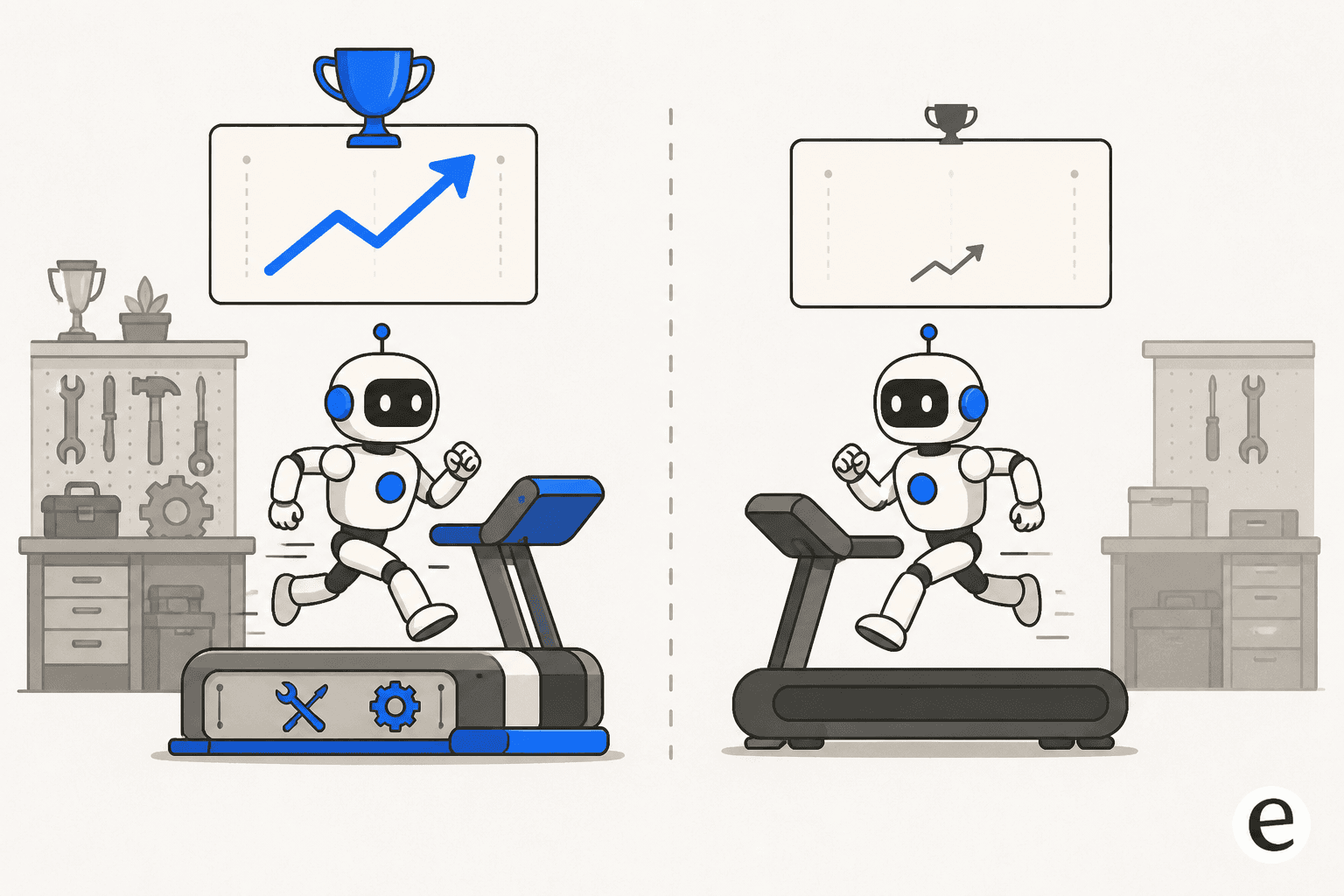 Diagram contrasting a model benchmarked on a treadmill built by its own workshop against the same model on a generic treadmill, with a much smaller result