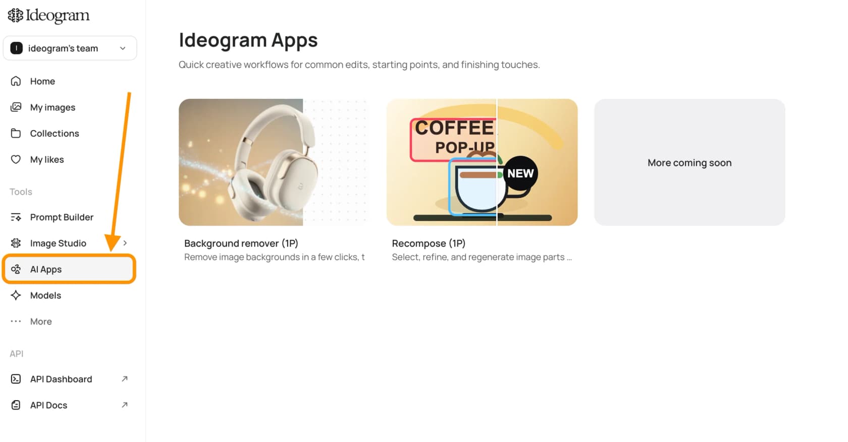 The Ideogram Apps page with AI Apps highlighted in the sidebar, showing only Background remover and Recompose cards, as taken from the Ideogram docs