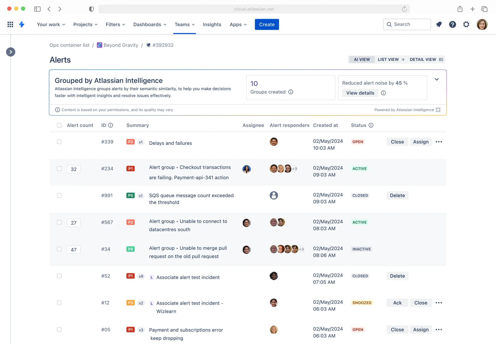 Die KI-Ansicht der Jira-Service-Management-Alarmliste, in der Atlassian Intelligence Alarme nach semantischer Ähnlichkeit in 10 Gruppen zusammengefasst und eine Reduzierung der Alarm-Störgeräusche gemeldet hat, entnommen aus der Support-Dokumentation von Atlassian