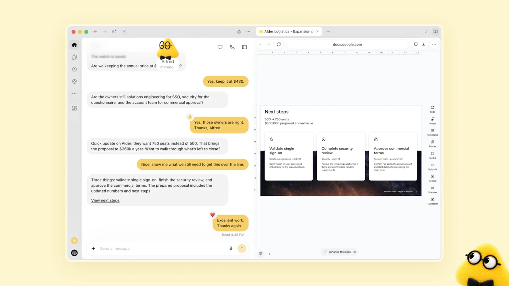 Yellow dot Alfred updating an enterprise proposal from 500 to 750 seats and listing next steps in a Google Doc, as taken from OpenAI