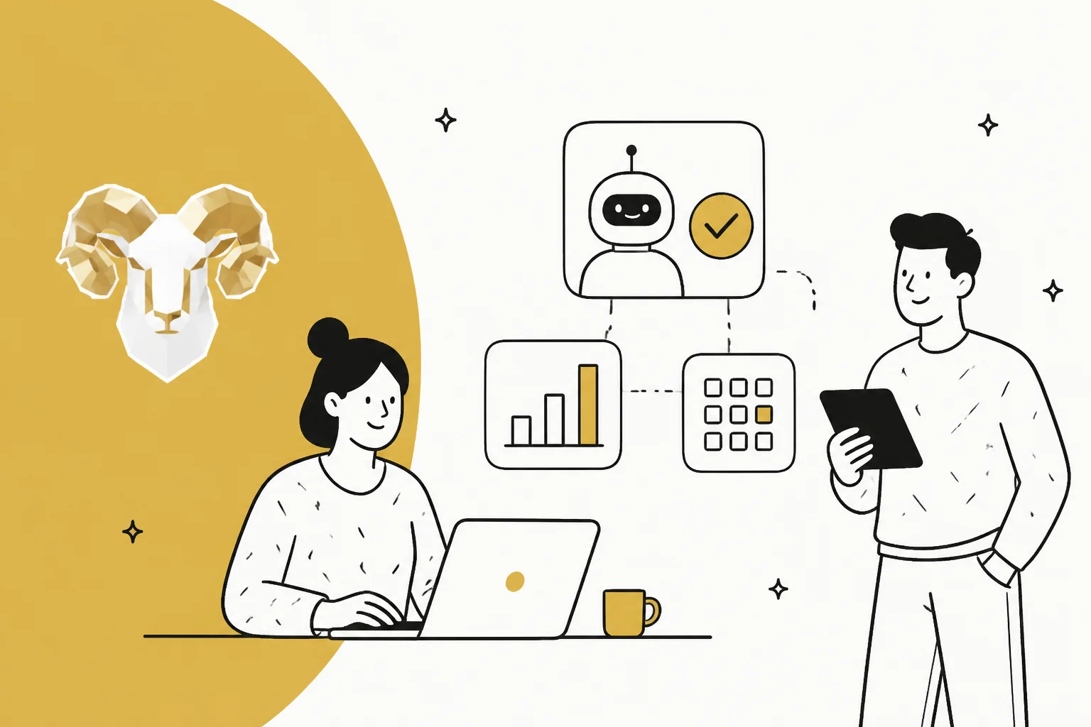 Illustration of two people working alongside autonomous AI agents, in Fleece AI's gold brand colour