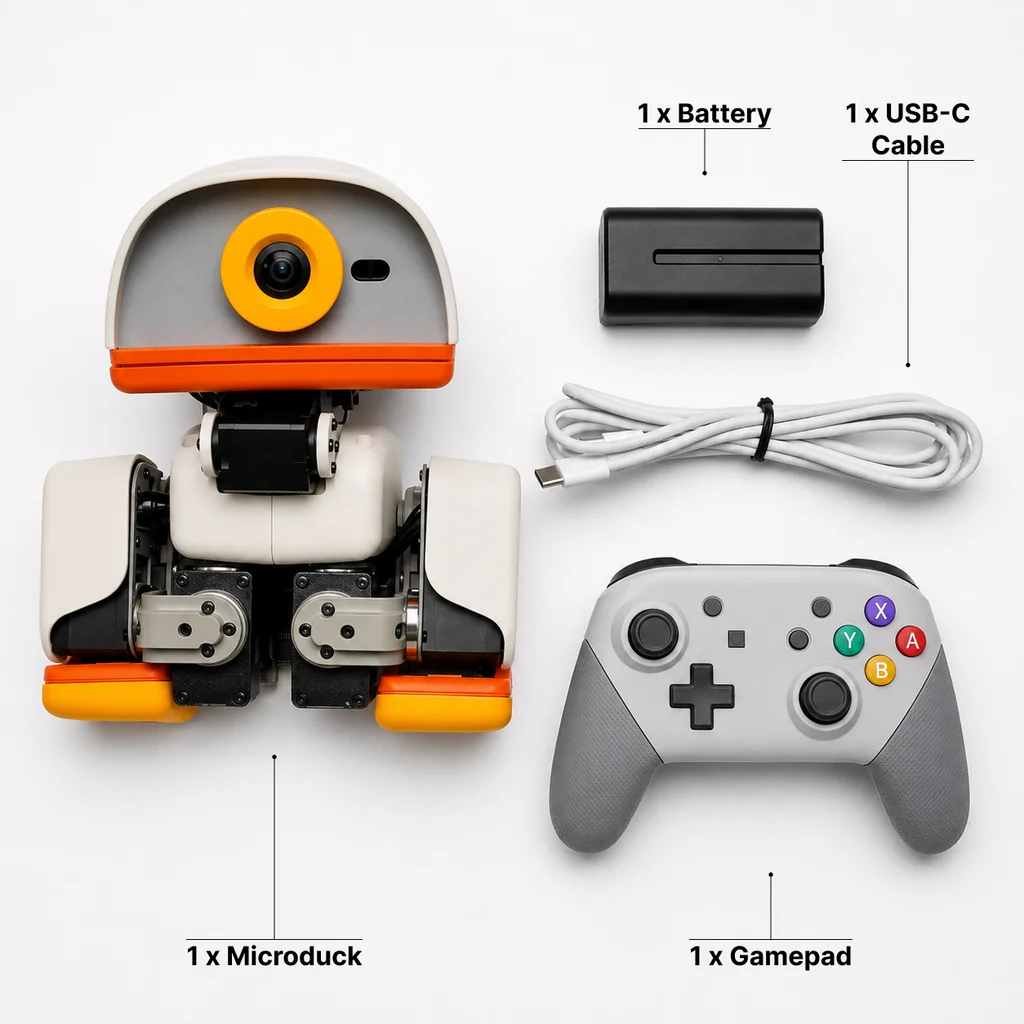 Everything in the $399 box: the Microduck robot, its battery, a USB-C cable, and a gamepad, as taken from the Pollen Robotics store