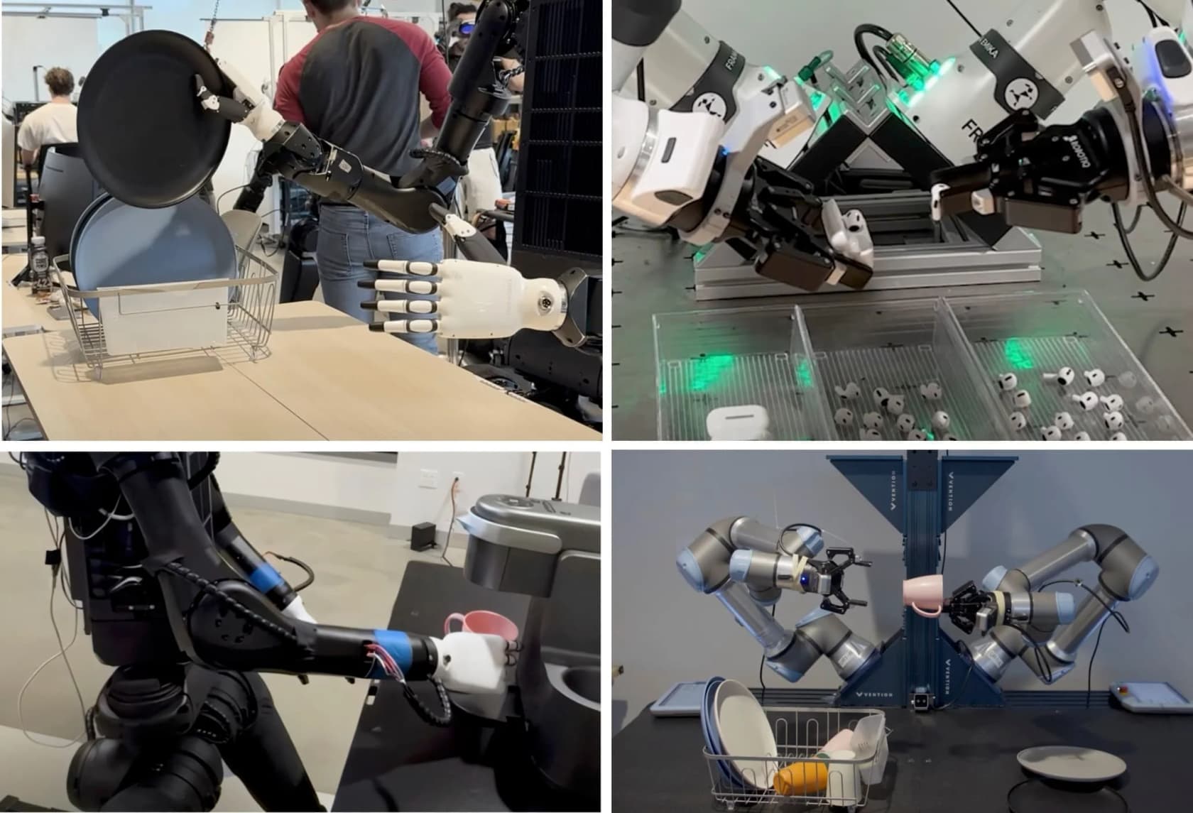 A montage of different robot arms performing manipulation tasks under one Skild model, as taken from Skild AI