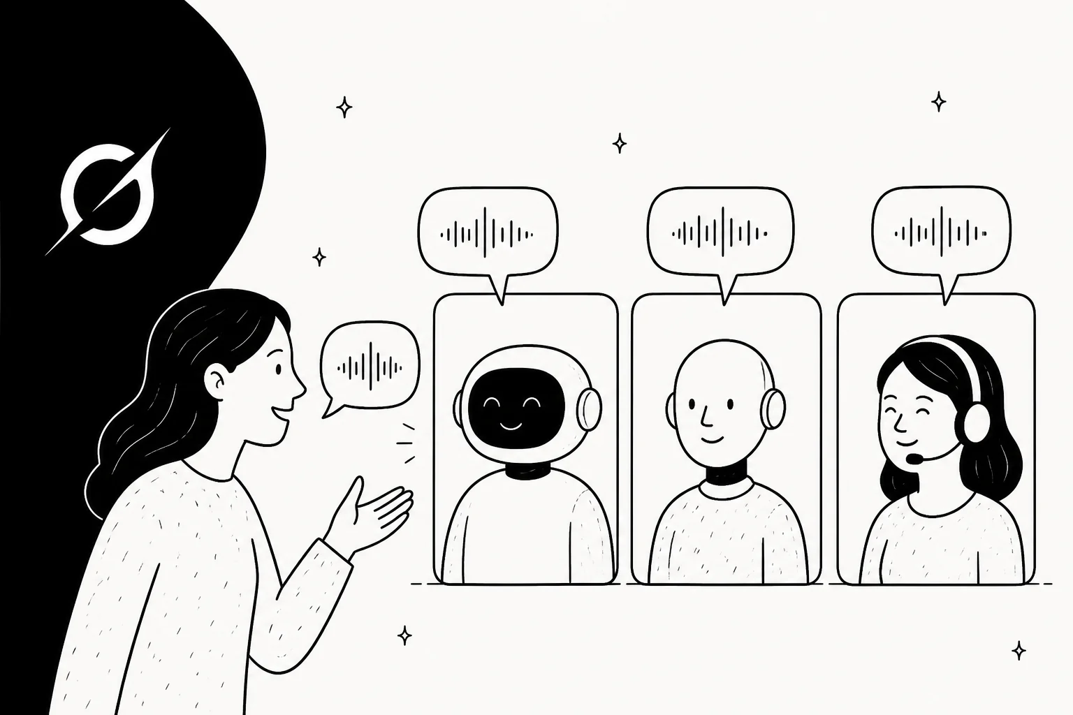 A caller speaking to three different voice agent options, with the Grok logomark on the left
