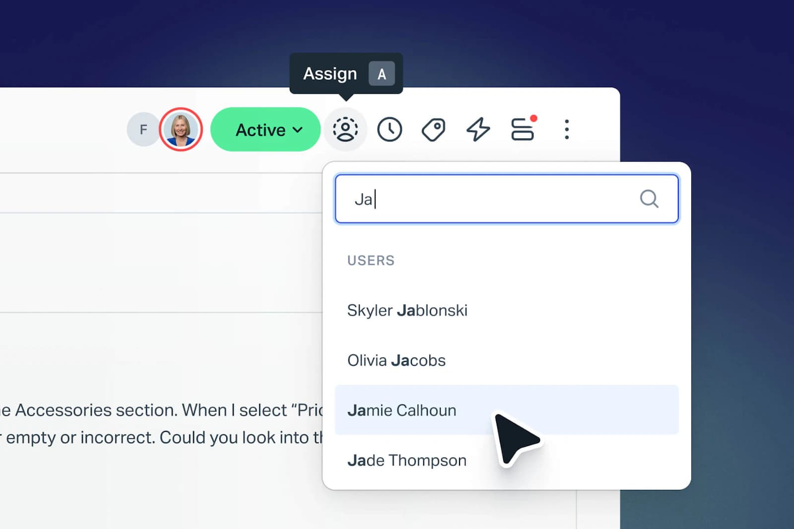 Help Scout inbox conversation toolbar with the assign dropdown open, showing teammate names, as taken from Help Scout