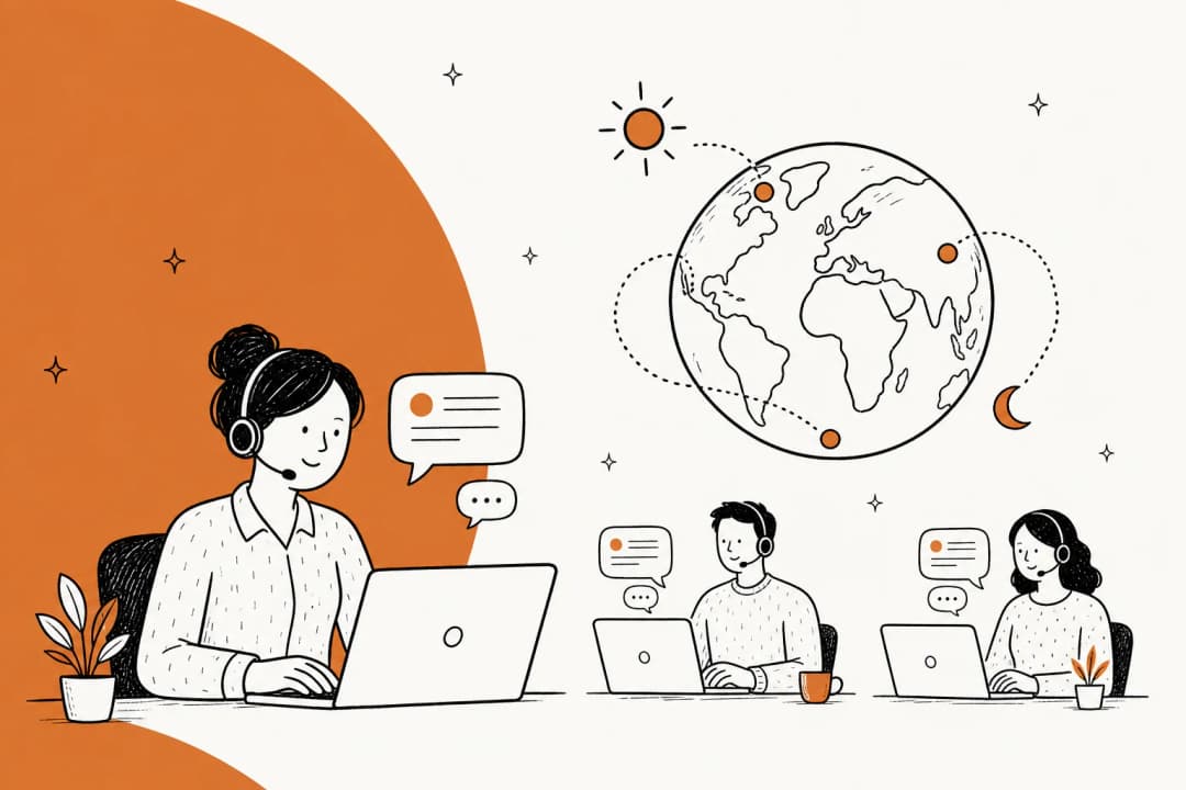 Illustration von Support-Agenten, die Live-Chat-Gespräche über verschiedene Zeitzonen hinweg bearbeiten