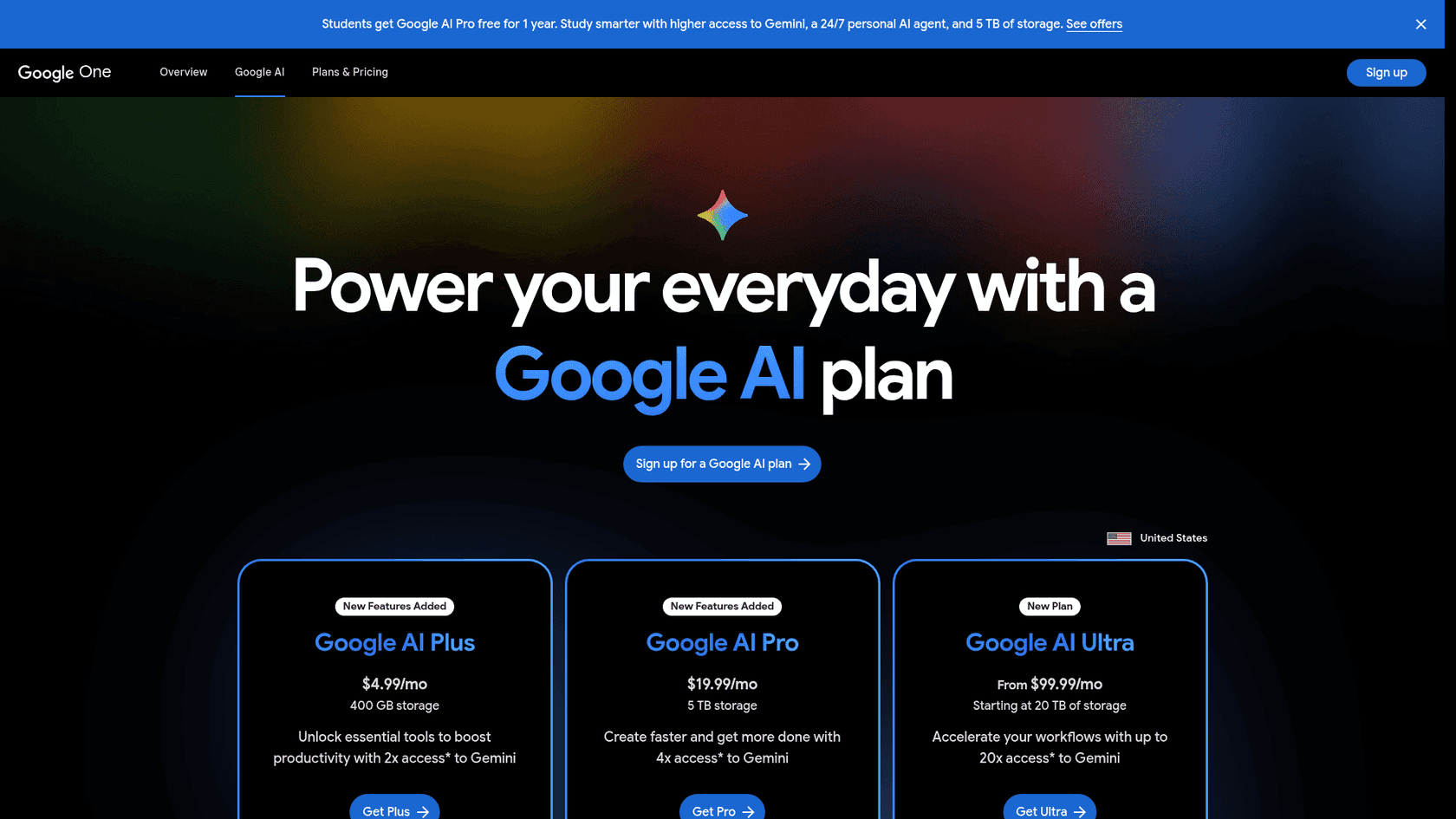 The Google AI plans page showing Gemini's Pro and Ultra tiers, as taken from Google