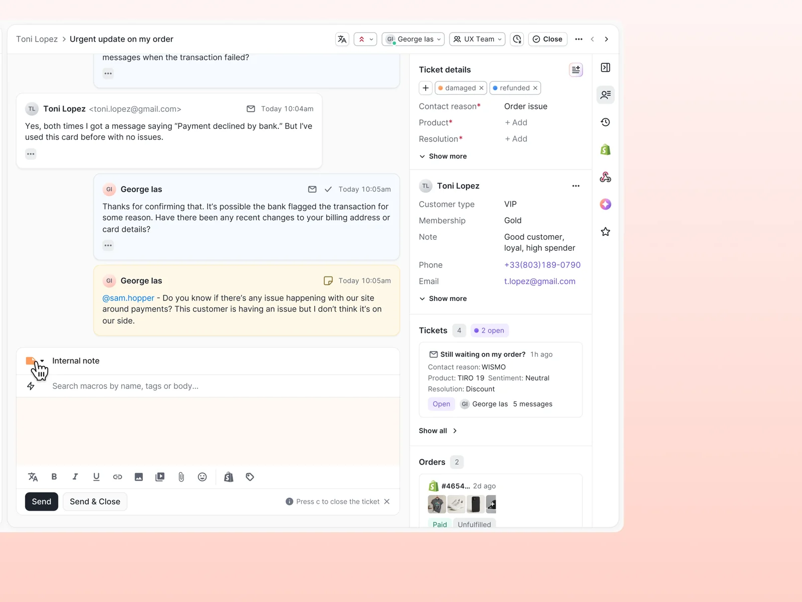 Gorgias ticket with the reply box switched to internal note mode, as taken from the Gorgias help center