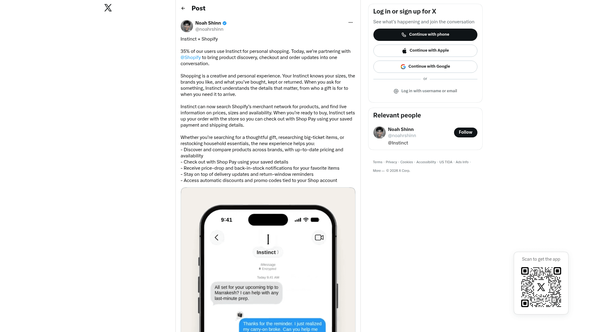 Noah Shinn's X post announcing Instinct and Shopify, with 35% of users shopping through Instinct and an iMessage chat on an iPhone, as captured from Noah Shinn on X