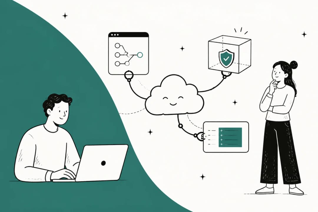Hand-drawn illustration of a developer at a laptop connected to a smiling cloud that links a repository, a shielded sandbox box, and a findings list, with a second person looking on