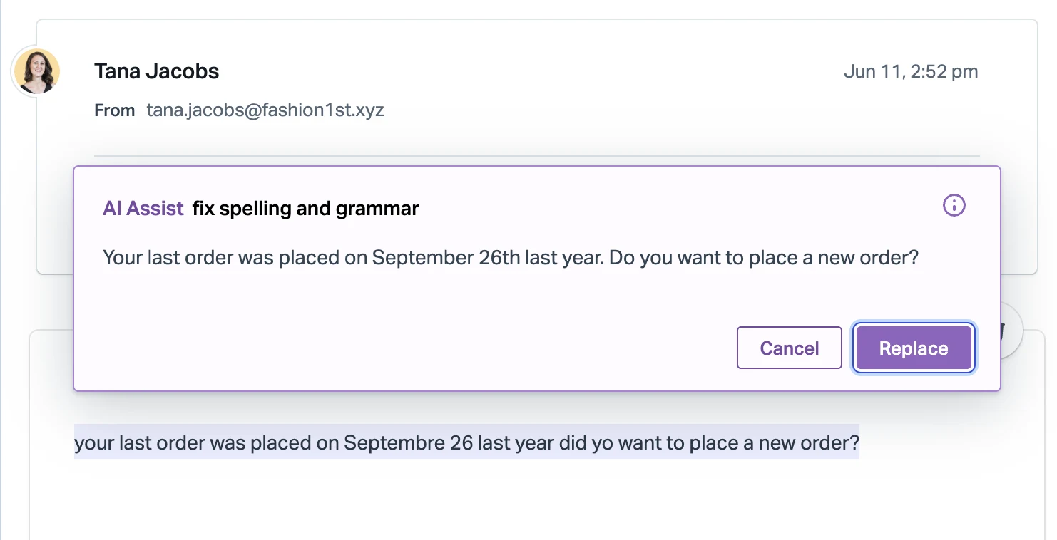 Help Scout AI Assist panel titled fix spelling and grammar showing a corrected sentence above the original reply with typos, with Cancel and Replace buttons, as taken from Help Scout's docs