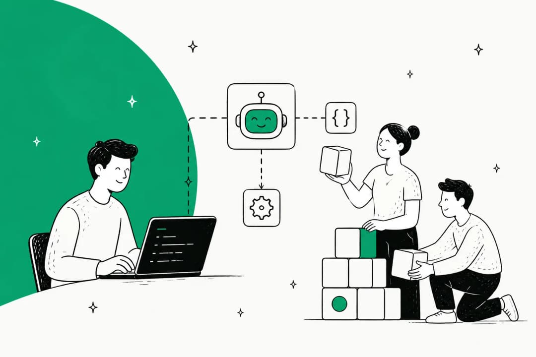 Illustration of a developer wiring an AI customer support agent together from API building blocks