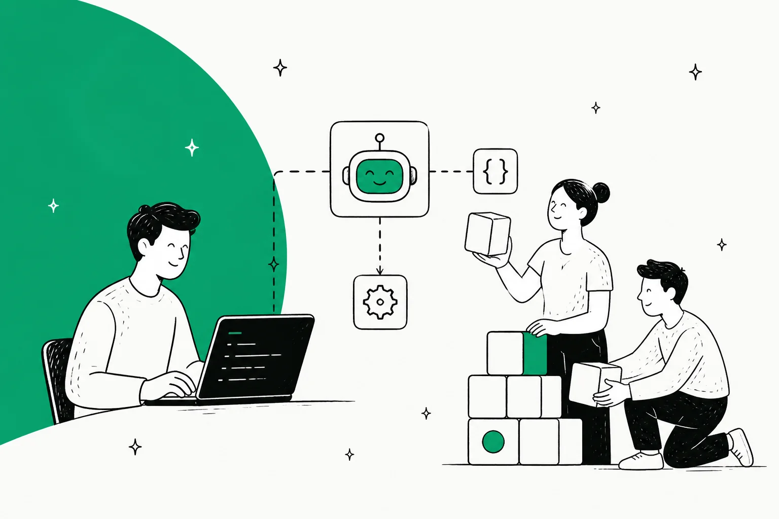 Illustration of a developer wiring an AI customer support agent together from API building blocks