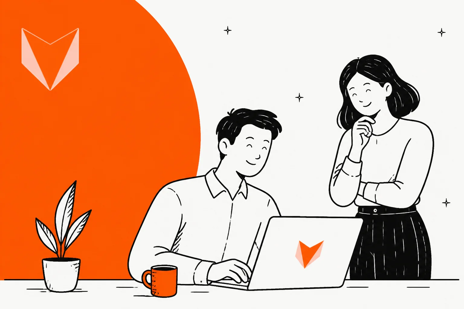 Two colleagues reviewing an AI detection result on a laptop, in Pangram's orange brand colour