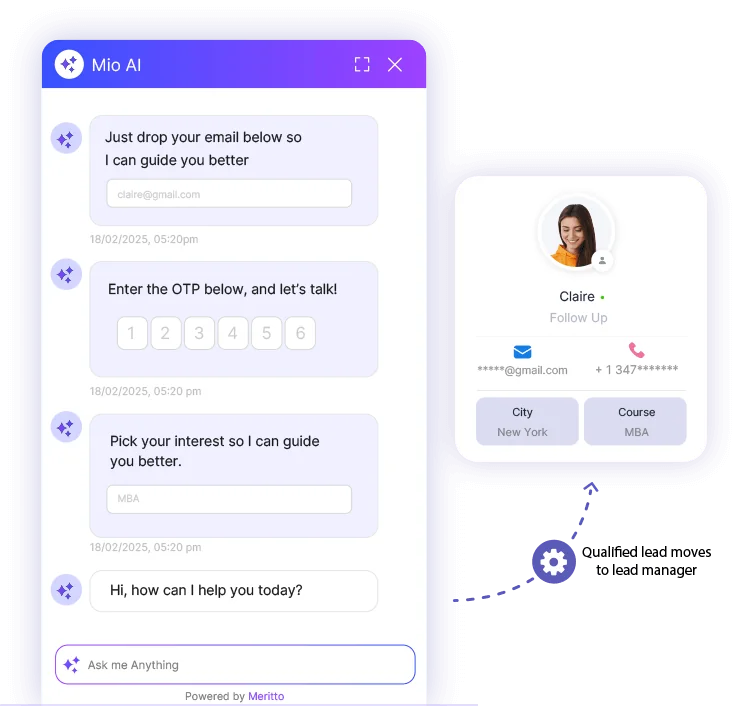 Mio AI Guide chat widget capturing a student's email and interest, then routing a qualified lead to the lead manager