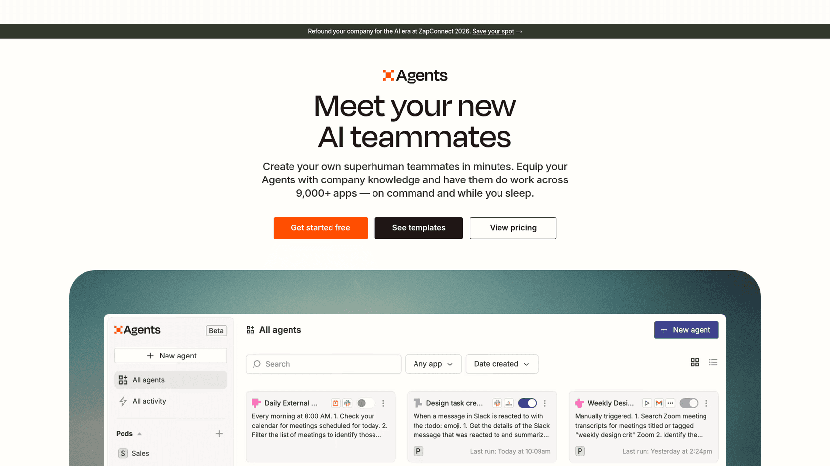 Zapier Agents product page showing the All agents interface with agent cards and Pods in the sidebar, as taken from Zapier