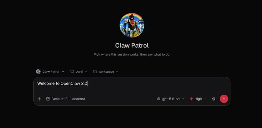 The rebuilt OpenClaw 2.0 browser app opening directly into a conversation with a Claw agent, as shown on the OpenClaw blog
