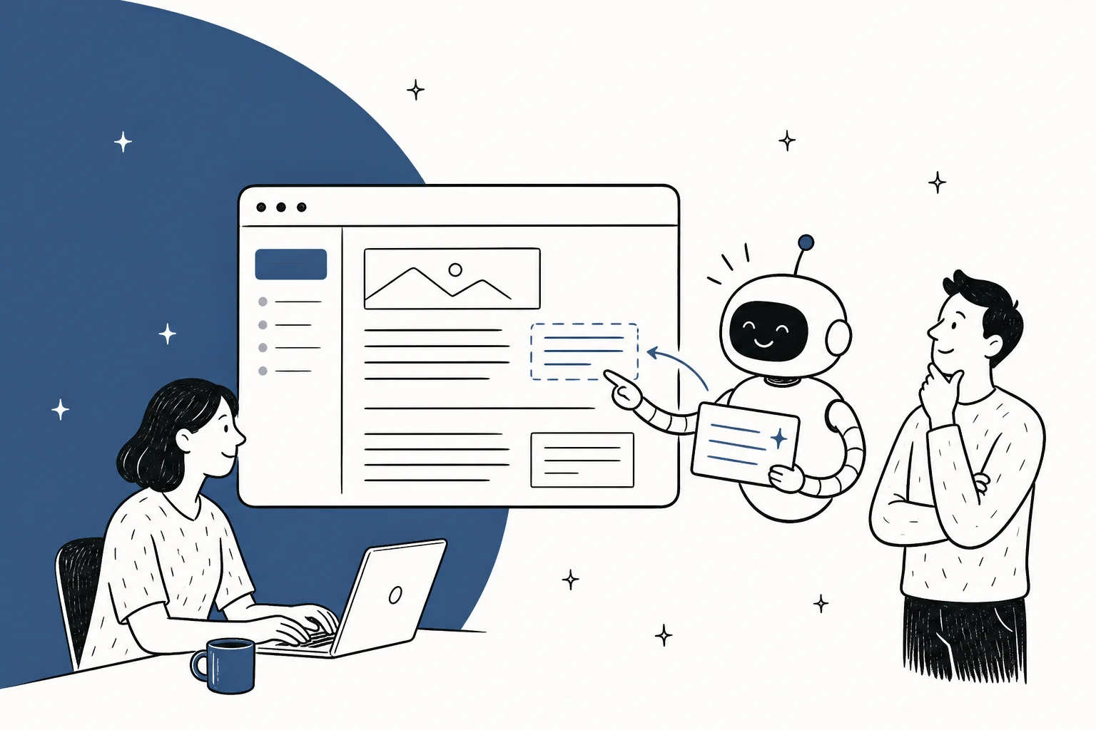 A friendly bot pointing at an old blog post inside a browser window, ready to refresh it