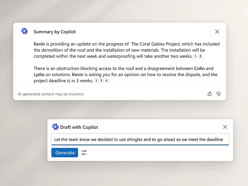 Copilot summarising a project thread and drafting a reply in the flow of work, as shown by Microsoft