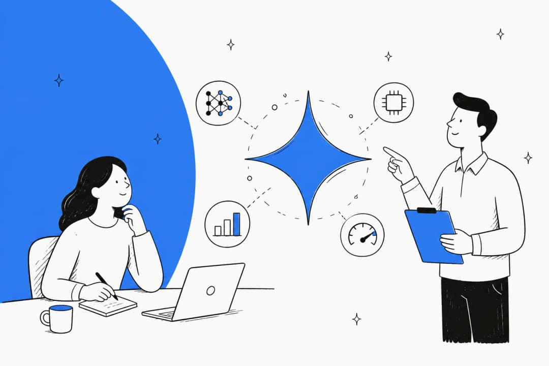Illustration of two people reviewing charts and speed dials around a Gemini spark, representing Gemini 3.8 Flash pricing