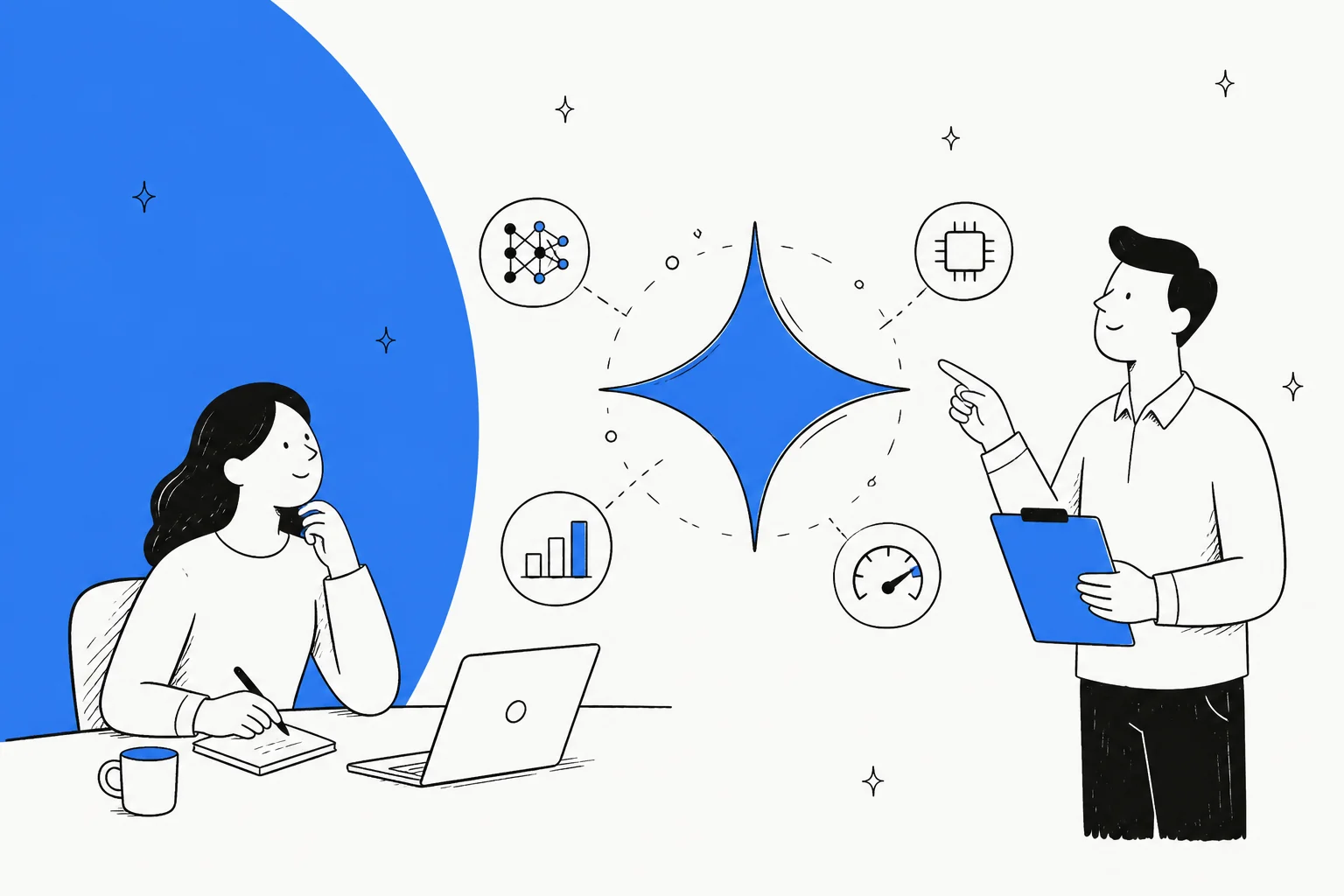 Illustration of two people reviewing charts and speed dials around a Gemini spark, representing Gemini 3.8 Flash pricing