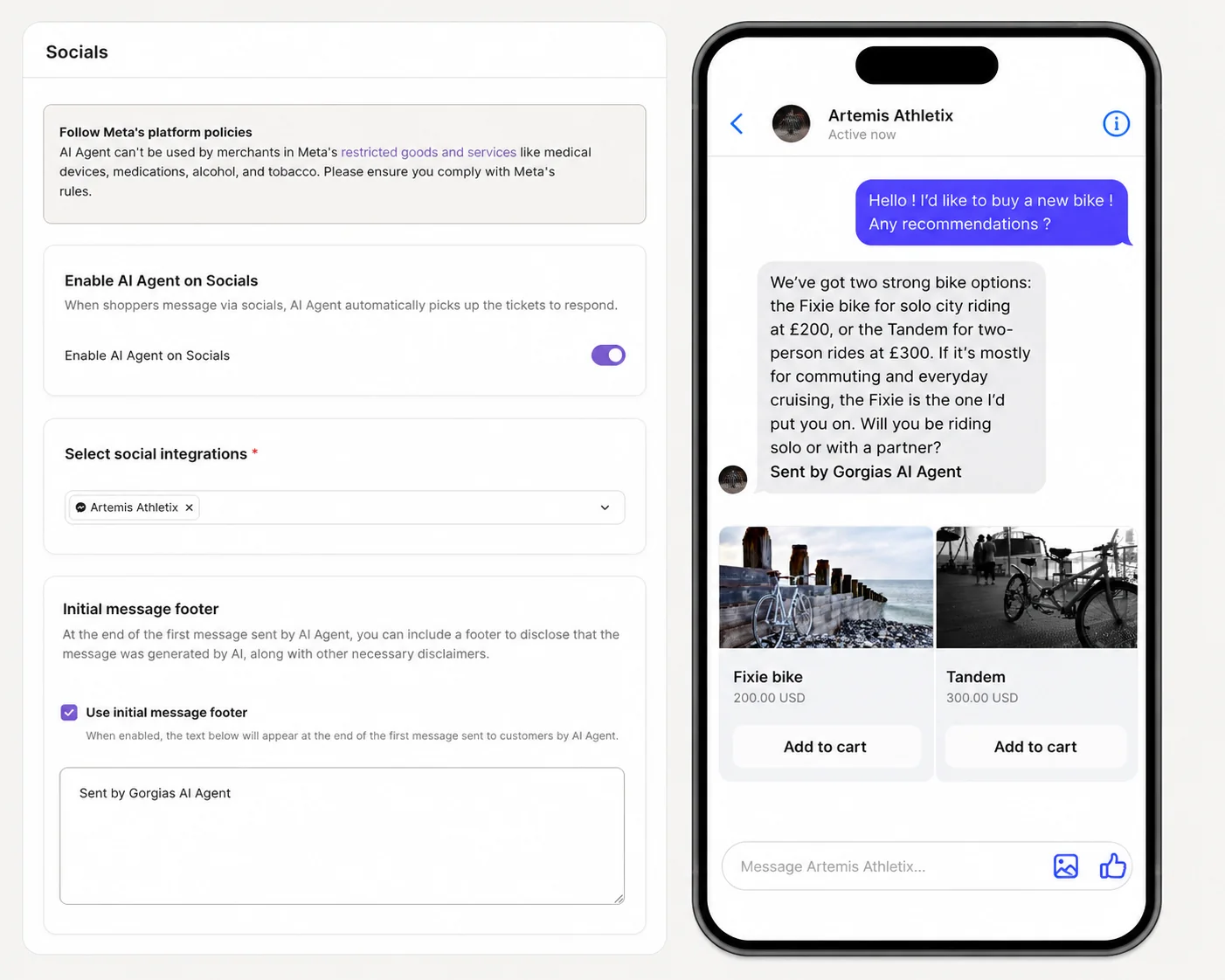 Gorgias AI Agent on Socials settings next to an Instagram DM reply sent by Gorgias AI Agent, as taken from the Gorgias changelog