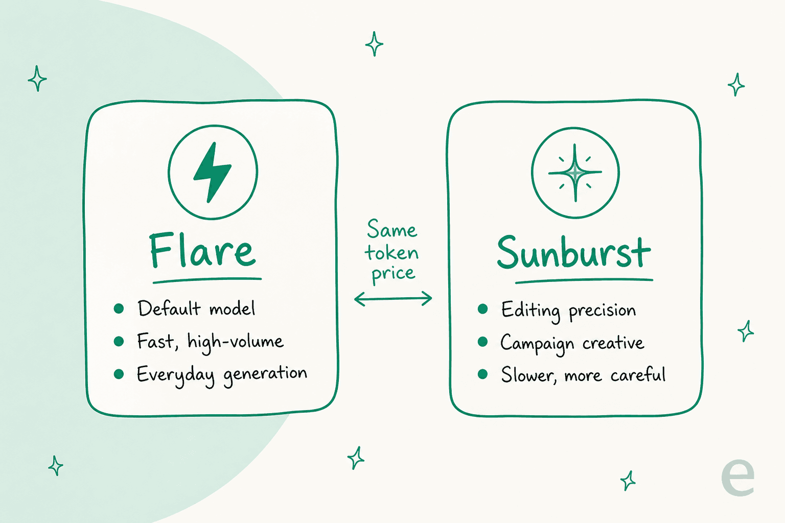 Flare versus Sunburst: Flare is the fast default, Sunburst is for editing precision and campaign creative, both at the same token price