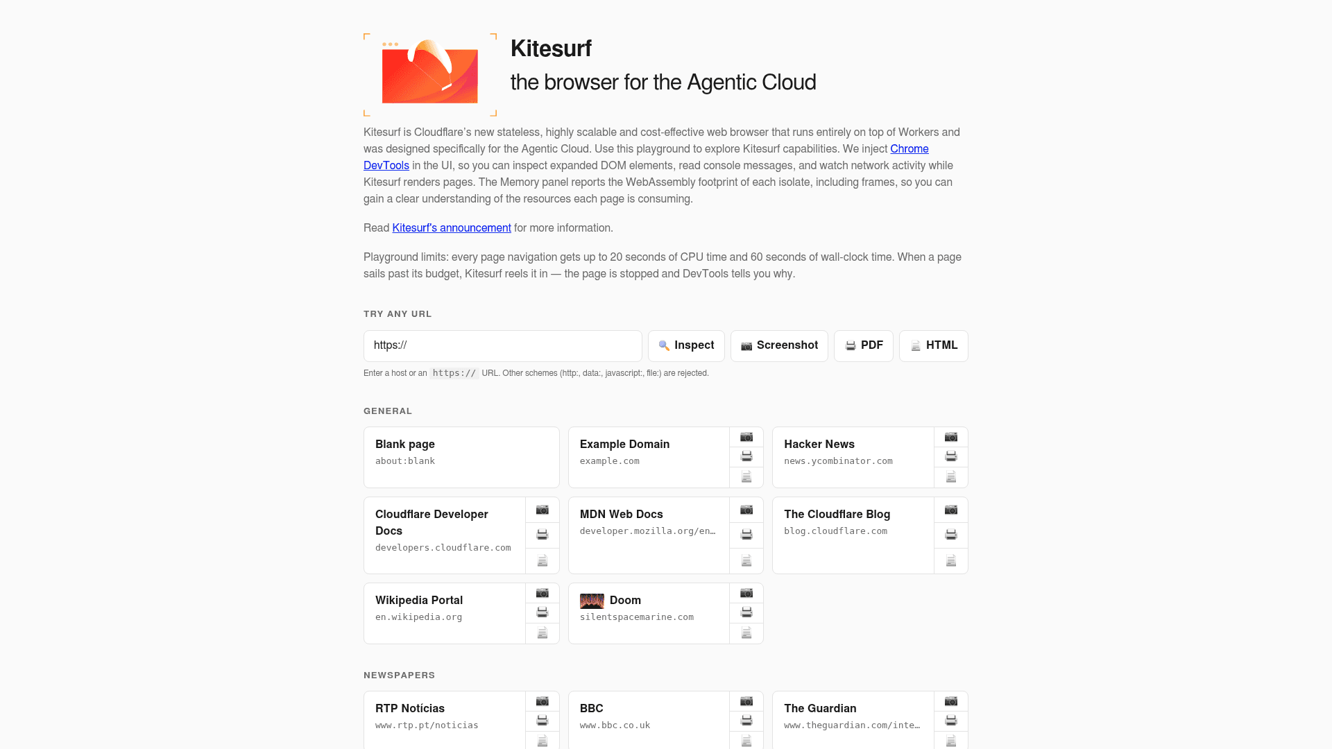 The Kitesurf playground showing a URL bar with Inspect, Screenshot, PDF and HTML actions above preloaded example cards, as taken from Cloudflare