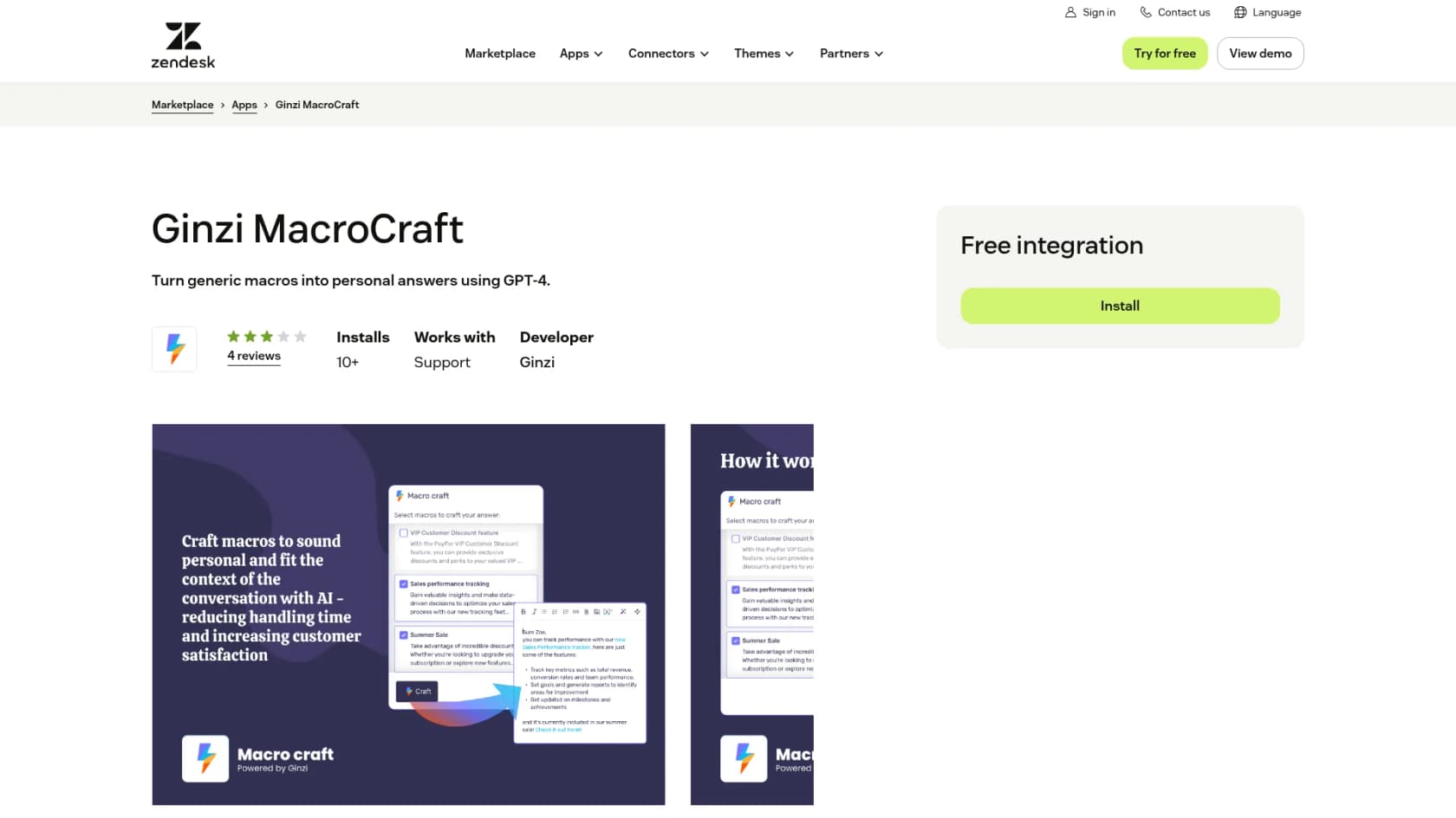 The Ginzi MacroCraft listing on the Zendesk Marketplace, marked as a free integration, as shown on the Zendesk Marketplace