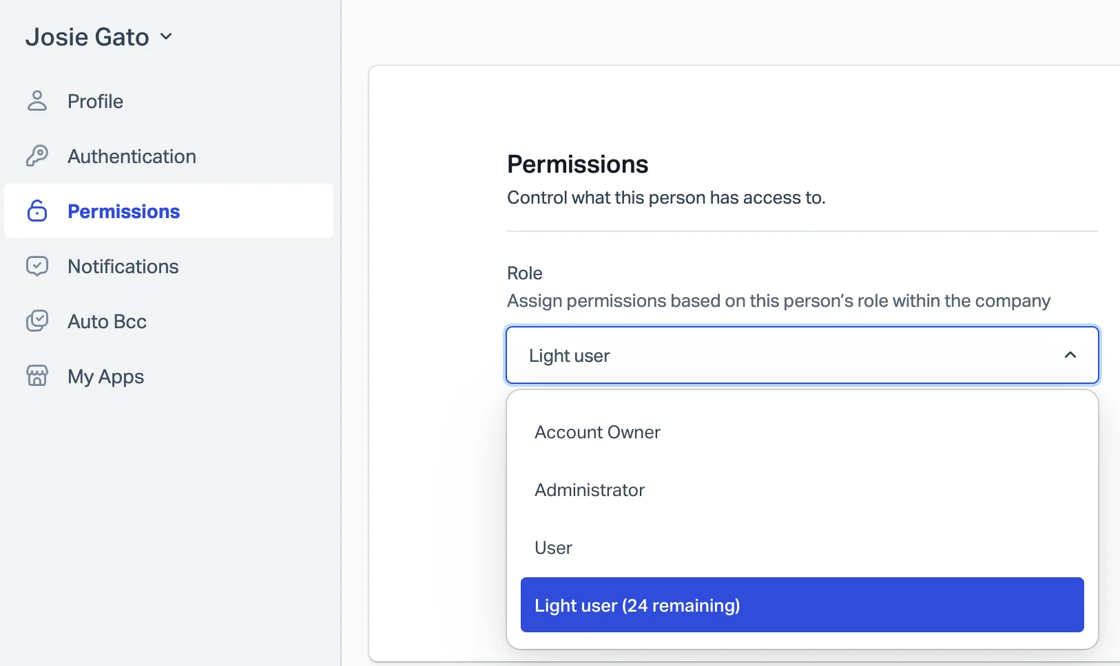 Help Scout user permissions page with the role dropdown open on Light user, as taken from Help Scout's docs