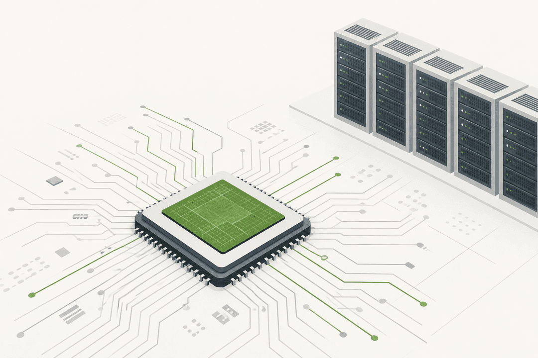 Illustration of a custom AI inference chip on a circuit board next to a row of servers