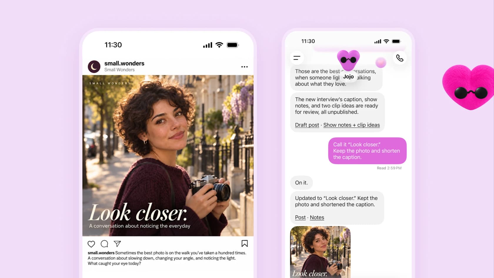 Purple dot Jojo preparing an unpublished social post and show notes for a creator's review on a phone, as taken from OpenAI