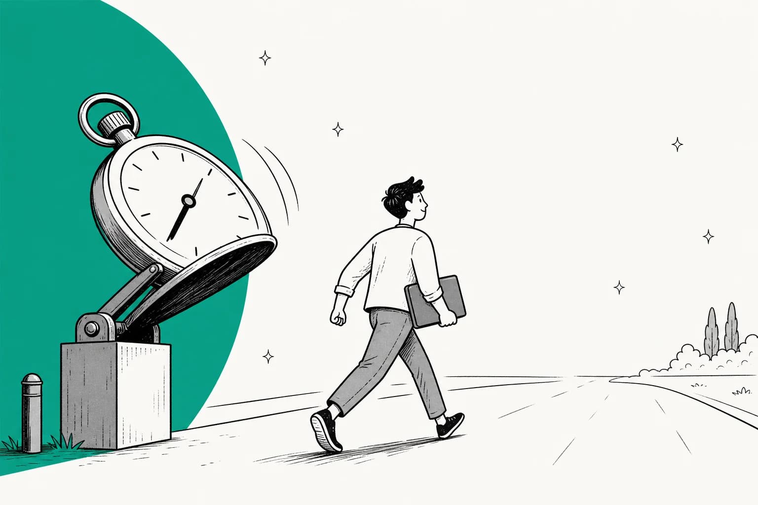 Ilustración de un cronómetro que se eleva para revelar una pista despejada, que representa un límite de uso levantado
