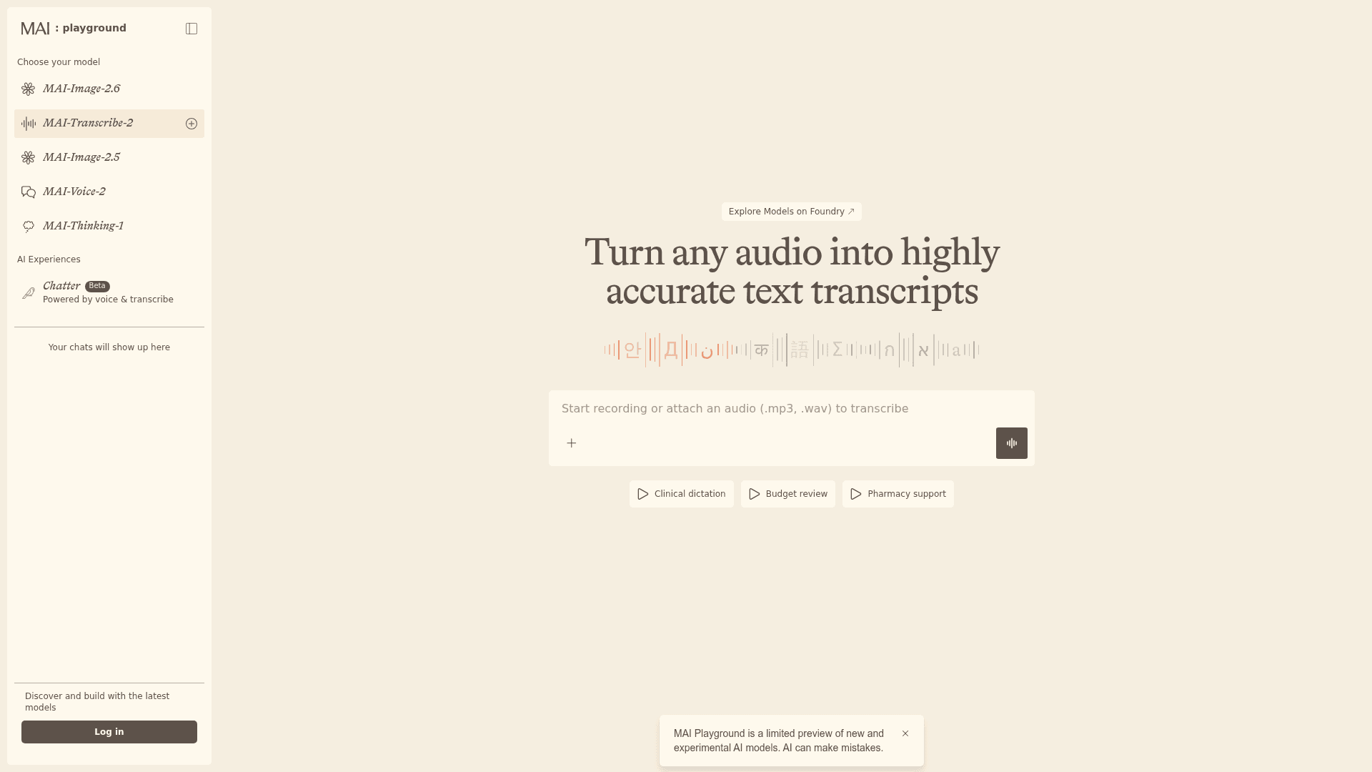 The MAI Playground with MAI-Transcribe-2 selected, showing an upload box and preset transcription examples, as taken from Microsoft AI
