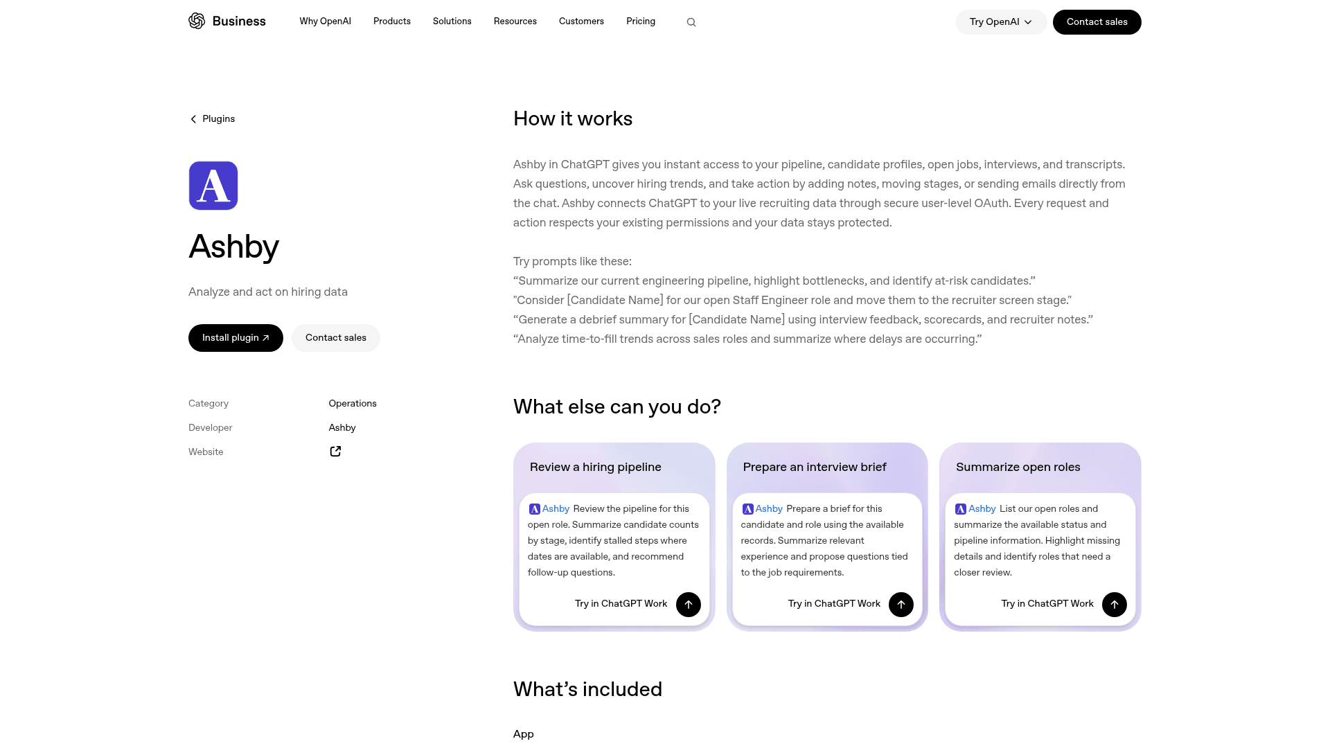 OpenAI's Ashby plugin page, with prompts for pipeline summaries, stage moves, and debrief summaries, and cards for reviewing a pipeline and preparing an interview brief, as taken from OpenAI