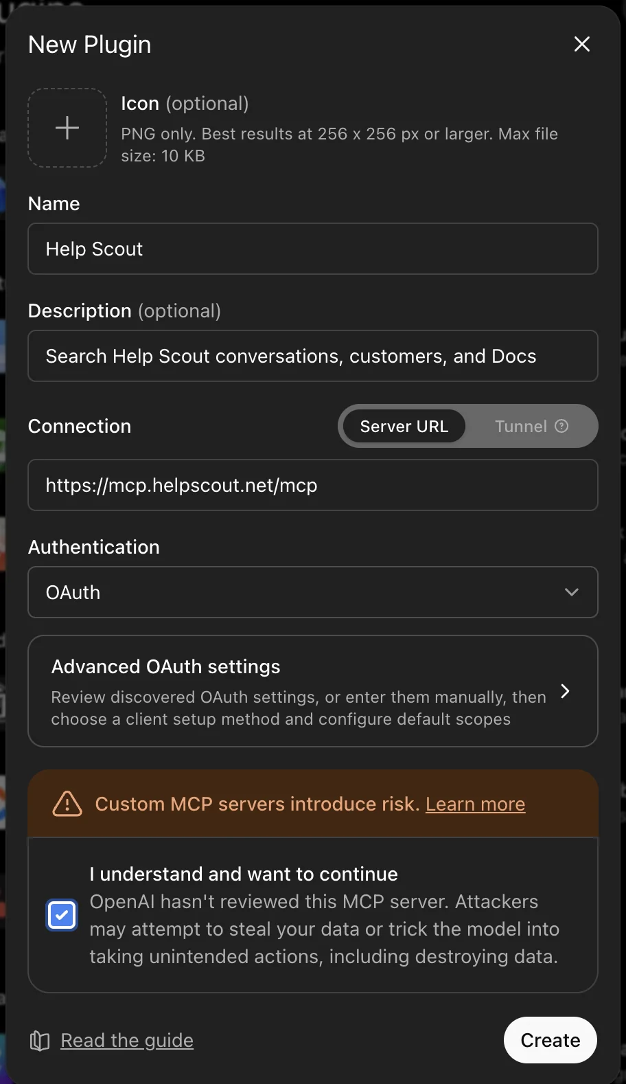 ChatGPT new plugin dialog filled in with Help Scout, the MCP server URL, and the unverified-server warning, as taken from the Help Scout docs