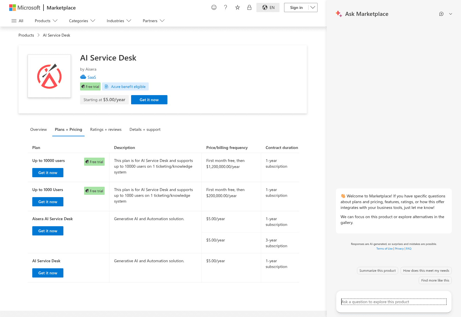 The Microsoft Marketplace plans and pricing for Aisera AI Service Desk, as taken from Microsoft Marketplace